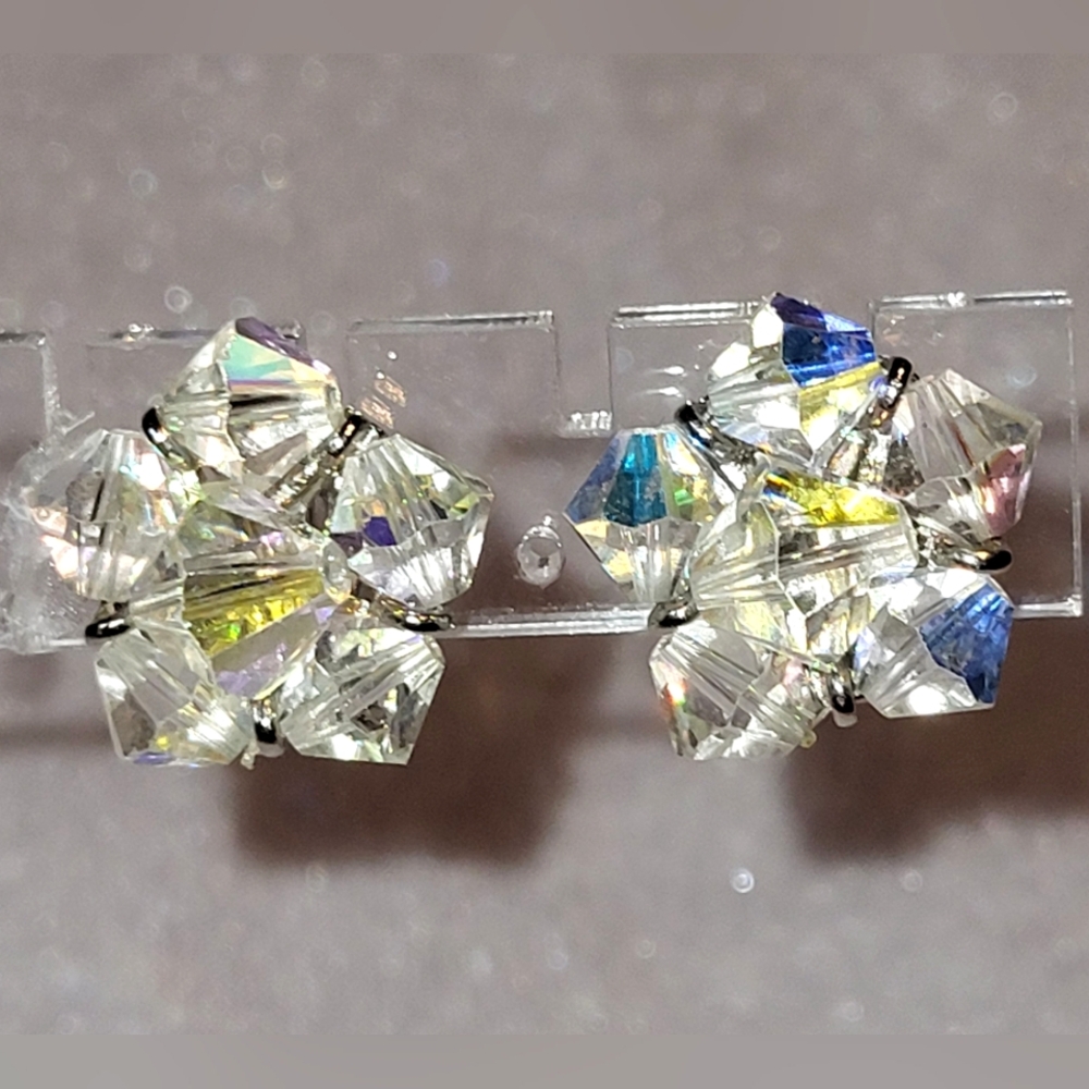 Vintage AURORA BOREALIS Faceted AB Crystal Bicone Cluster Clip on Earrings